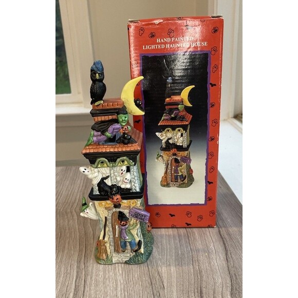 Vintage Halloween Lighted Porcelain Haunted House Decoration Ghosts Witch Bat - Picture 1 of 11